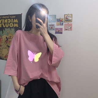 Camiseta de manga corta con estampado de mariposa reflectante para niñas de verano