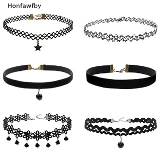 honfawfby 6 piezas gargantilla de terciopelo negro para mujer, diseño de encaje, collar de tatuaje, colgante *venta caliente