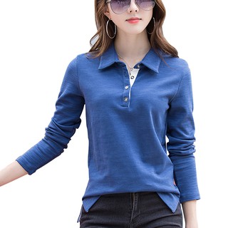 otoño camiseta de manga larga 92% algodón polo camisa turn-down cuello de las mujeres top