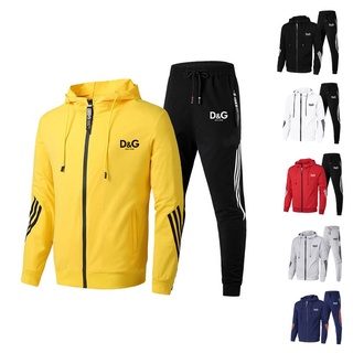 New DG Fashion Tracksuit Men Autumn Sportwear Zipper Hooded Sweatshirt Jacket+Pant Two Piece Set