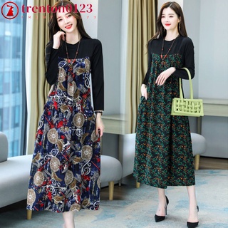 trenton0123 Women Dress Loose Floral Printed Round Neck Long Sleeves Fake Two Piece Long Skirt