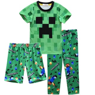 Minecraft niños de dibujos animados ropa niño pantalones + jersey de tres piezas pantalones cortos largos + manga corta camiseta verde traje de algodón ropa niño camiseta