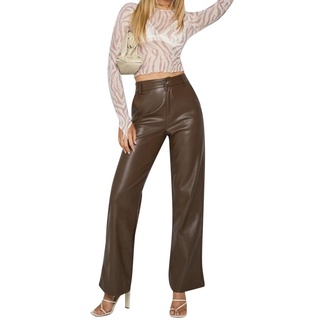 ❥Nv☽Pantalones de estilo suelto para mujer con bolsillos, Color sólido, cintura alta, pantalones de pierna recta, marrón/negro