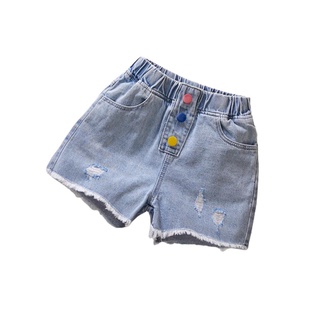 Txt-Kids Girl Denim Shorts, colorido botón delantero cintura elástica rasgado pantalones vaqueros cortos con bolsillos