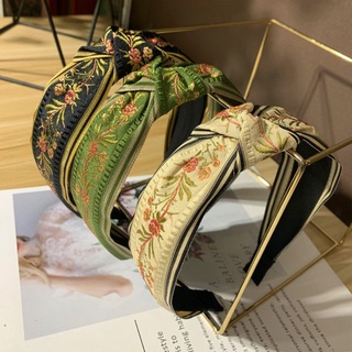 ott. Chinese Style Ethnic Vintage Wide Headband Womens Elegant Twist Knotted Hair Hoop Contrast Colored Floral Leaves Embroidery Prom Bandana (9)