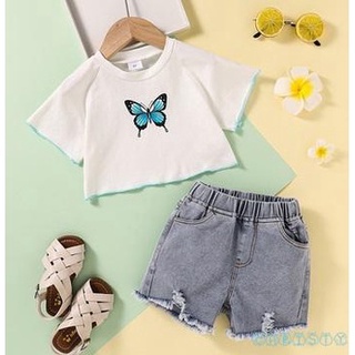 Cht-2 piezas trajes de verano para niños pequeños, bebé niñas mariposa impresión manga corta cuello redondo camiseta + deshilachado dobladillo crudo Jeans con bolsillos