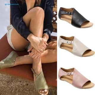 verano de las mujeres de cuero sintético sandalias planas hebilla correa zapatillas de pescado boca zapatos