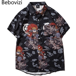 bebovizi estilo japonés gato samuri 2021 hombres hip hop streetwear harajuku camisas de verano de manga corta coreana tops
