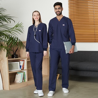 2 unids/Set nueva moda mujeres hombres Unisex V-cuello de manga larga bolsillo superior + pantalones exfoliante conjunto de enfermería ropa de trabajo enfermera uniforme traje