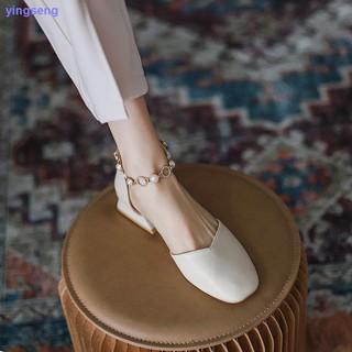 Baotou sandalias mujer estilo de hadas verano 2021 nuevo salvaje tacón grueso bolsa con perla tacón medio zapatos ins marea
