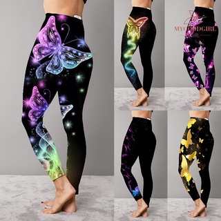 [MGD] Pantalones de mujer con estampado de mariposa, cintura alta, elástico, pantalones para Yoga