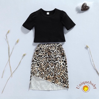 Uni2 piezas niños traje conjunto, niño de Color sólido cuello redondo manga corta Tops+falda de impresión de leopardo, 6 meses-5 años