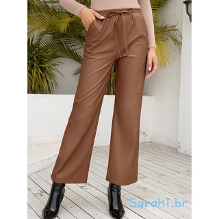 Pantalones De cuero sintético para mujer/Cintura recta/Cintura Elástica/color liso/con bolsillos/negro/marrón