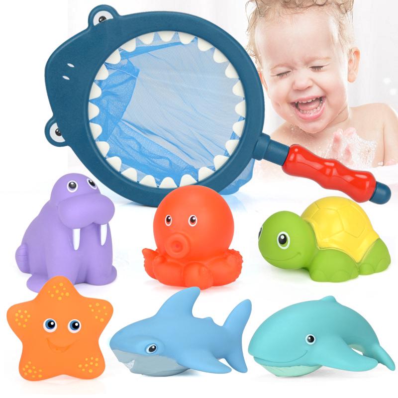 colorido baño juguetes de agua flotante animal pesca conjunto cuchara-net para niños pequeños 7pcs