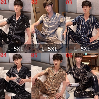 Calidad de los hombres más el tamaño de L-5XL de seda satén pijamas conjunto de niños masculino Baju Tidur ropa de hogar trajes de manga corta ropa de dormir pijama ropa de dormir traje