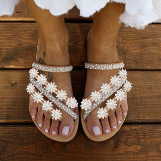 [QSDALEN] mujer señoras moda Casual perla romana sandalias sandalias planas zapatos zapatillas