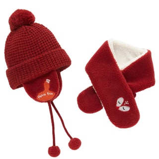 Sil-Lovely Baby ́s Woolen Hat Set, Color sólido sombrero de punto con oreja gorra de lana bola Animal corto lana bufanda para invierno (1)