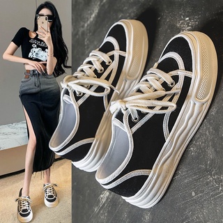 Suela gruesa blanco zapatos de las mujeres zapatos casual zapatillas de deporte negro y blanco color coincidencia zapatos de lona de corte bajo estilo delgado