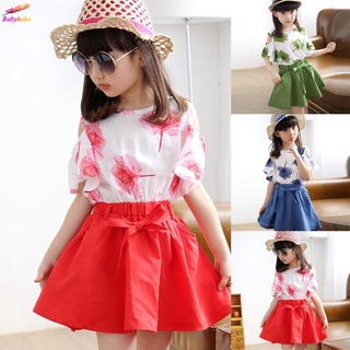 Niños Tops+falda conjunto de niños manga corta estampado Floral Boho Mini plisado cintura (1)