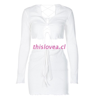THIS Women Sexy 2 Piece Ribbed Ruffles White Outfits Set Long Sleeve Crisscross Backless Cardigan Crop Top Drawstring Mini Skirt Festival Party Streetwear