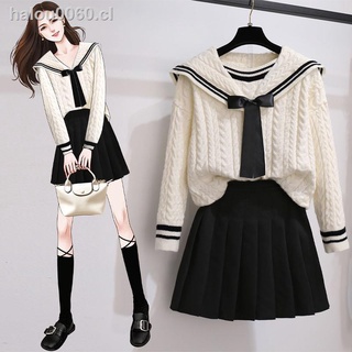 in stock✲┇Single/suit women s autumn and winter 2021 new large size women s knitted sweater women s loose and thin pleated skirt two-piece [shipped within 15 days]