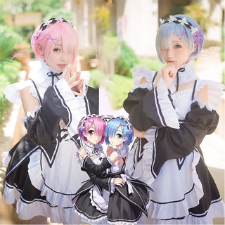 re:zero kara hajimeru lsekai seikatsu twins ram/rem maid dress cosplay disfraz de halloween (6)
