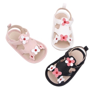 ☎Xe◑Zapatos planos antideslizantes para bebés, diseño de flores, sandalias de suela suave para niñas, blanco/negro/rosa (1)
