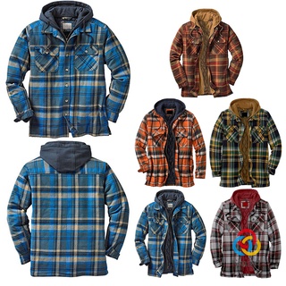 Quilted Thick Plaid Long-Sleeved Loose Jacket Men's Hoodie Quilted Lined Flannel Hooded Full-Zip Shirt Jacket