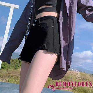Demq-Mujer personalidad Ripped Jeans moda Color sólido cintura alta recta pantalones cortos de mezclilla