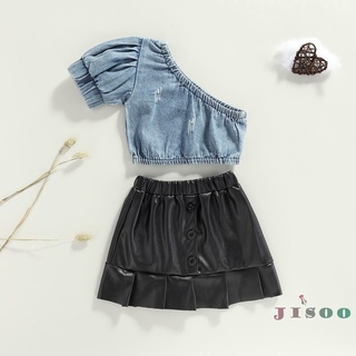 Soo-Girls conjunto de ropa de Color sólido, manga corta Off-hombro recortado Tops + falda con volantes
