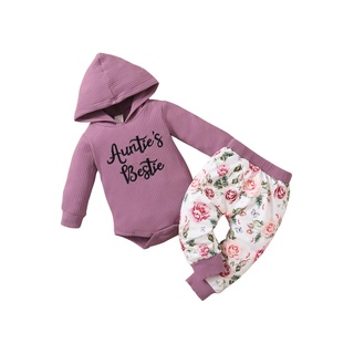 ♂Aq☎Conjunto de ropa de bebé niñas, estampado de letras de manga larga con capucha y pantalones de impresión Floral