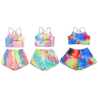 Women Tie-Dye Letter 2 Piece Set Gradient Rainbow Cami Crop Top Shorts Tracksuit