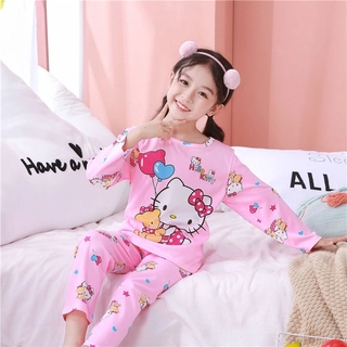 Las niñas de verano pijamas niños para niñas lindo ligero Kt gato de dibujos animados niños Sleepshirt de manga larga cuello redondo Sleepshirt (8)