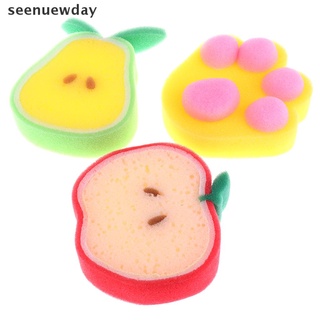 [ver] 3 unids/set lindo en forma de fruta esponja de baño para la limpieza del cuerpo precioso bebé esponja corporal
