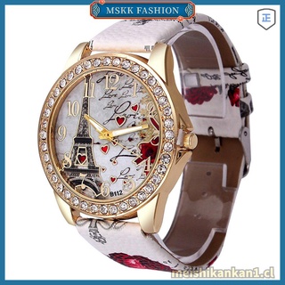 reloj de pulsera de cuarzo moda con estampado de rosa con diamantes de imitación [mskk]