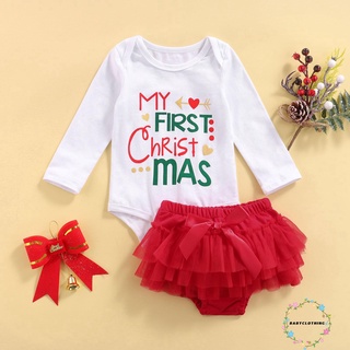 Bbcq-2 piezas trajes de navidad recién nacidos, estampado de letras de manga larga cuello redondo pijama + falda de tul con lazo
