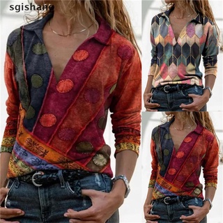 sgisg primavera y otoño mujer cuello redondo retro estampado geométrico camiseta top. (1)