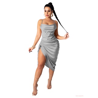 Soul-Mujer moda Color sólido liguero sin respaldo cordón flaco vestido de longitud media (5)