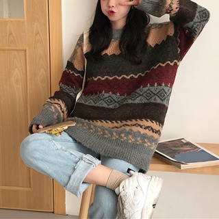 un tamaño retro japonés cuello redondo jersey suéter de las mujeres otoño/invierno coreano perezoso estilo suelto de manga larga de punto superior (9)