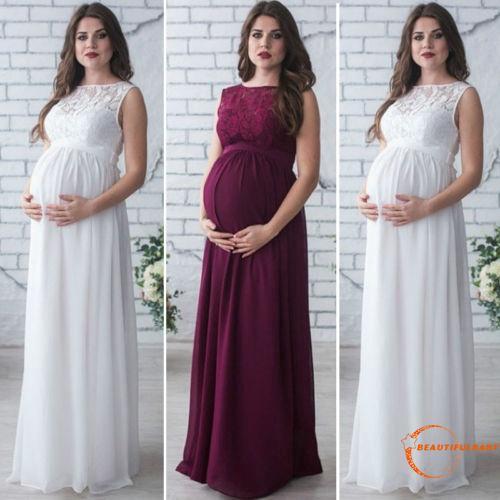 auu-lace mujeres embarazadas largo maxi vestido de fotografía prop vestido de maternidad fiesta
