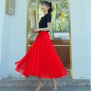 720 grados de tres capas de malla grande falda oscilante, media falda, falda plisada femenina, falda de hilo rojo, cintura alta, falda de hadas delgada