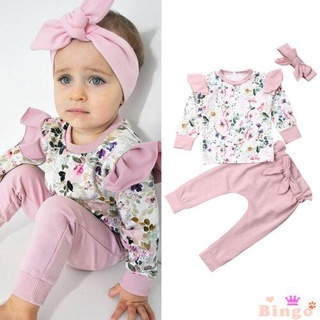 3 piezas recién nacido niña pantalones largos trajes, manga larga flor impreso Tops + Color sólido pantalones largos + Bowknot diadema conjuntos