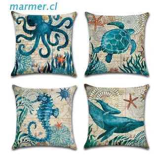 MAR3 Mediterranean Style Throw Pillow Case Sea Theme Decorative Square Cotton Linen Coastal Cushion Cover for 18 X 18 Inch Pillow Inserts, 4Pack Nautical Pillow Covers