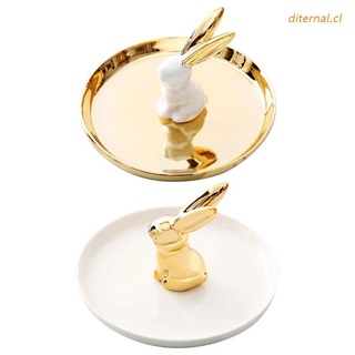 DIT Golden Dish White Rabbit Jewelry Tray Ring Bracelet Necklace Pendant Stud Earring Display Showcase Organizer
